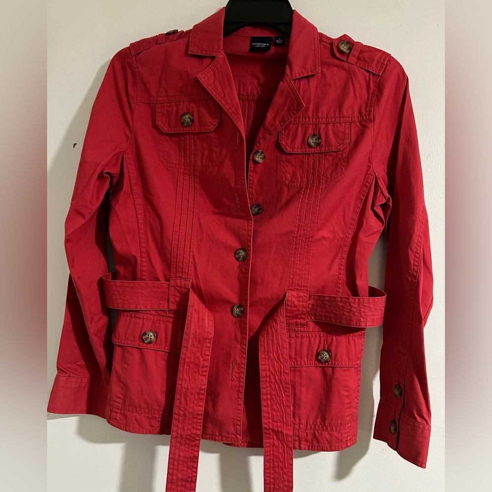 Red Utility Jacket with Belted Waist and Collared Neckline